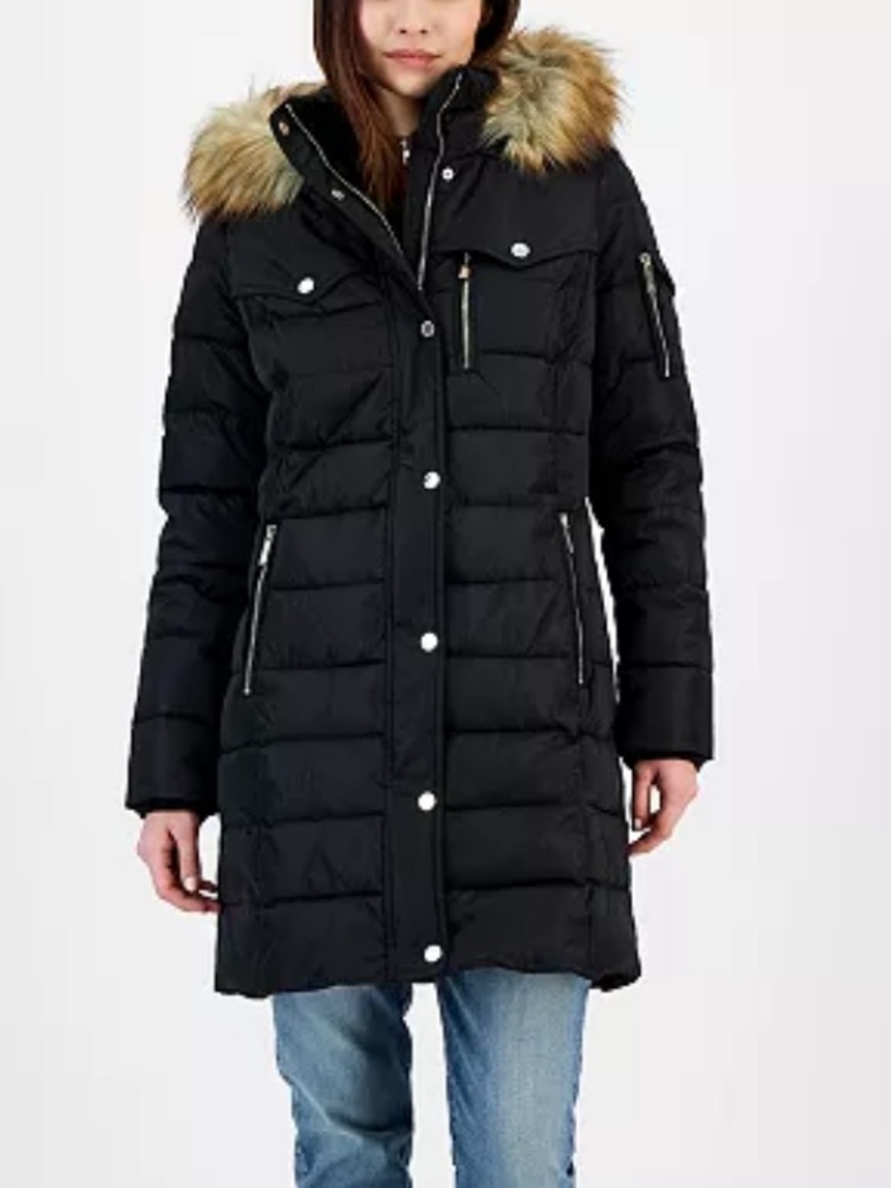 Michael Kors Black Long Puffer Coat with Faux-Fur Trim Hood - Picture 12 of 12